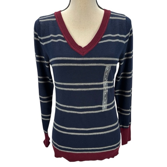 Hippie Rose Long Sleeve V-Neck Striped Sweater - Navy Blue Grey Maroon - Large - Picture 1 of 10